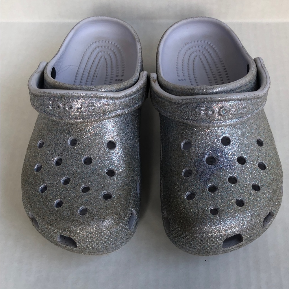 CROCS Classic Silver Glittery Clogs and 5 charms Size J4